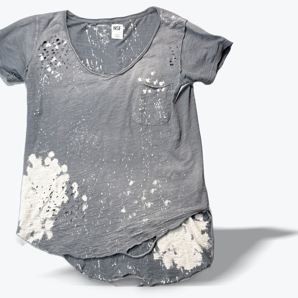 NSF Pocket T-Shirt Perfectly Distressed Bleach Splatter V-Neck Grey Small USA